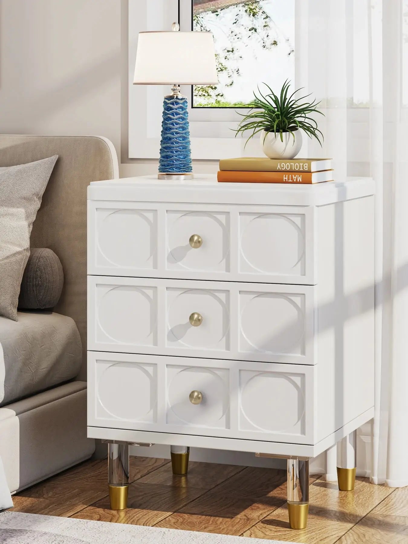 MonoWood 3-Drawer Nightstand Tall White and Gold Bedside Table with Drawers, Versatile Modern White Night Stand with Storage