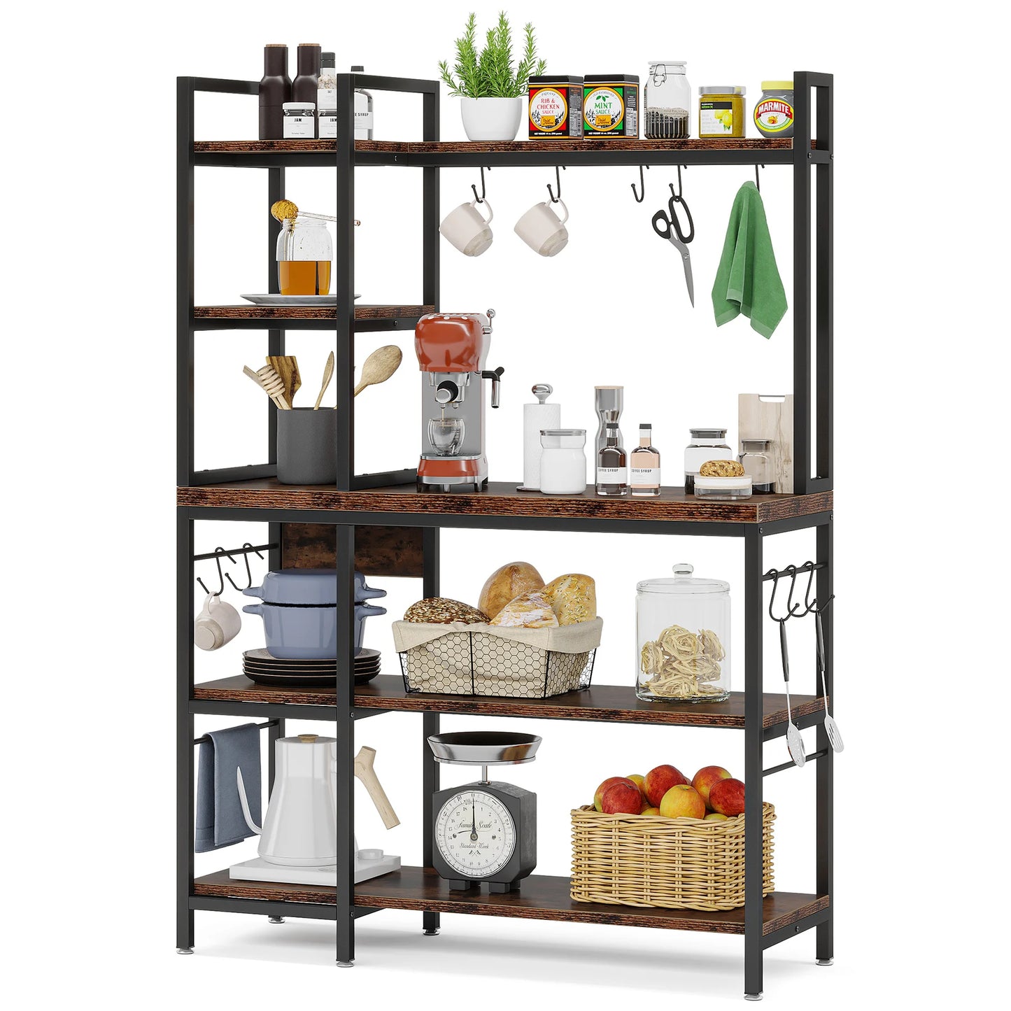 MonoWood Kitchen Bakers Rack with Storage, 43 inch Microwave Stand 5-Tier Kitchen Utility Storage Shelf Rack with 10 Hooks