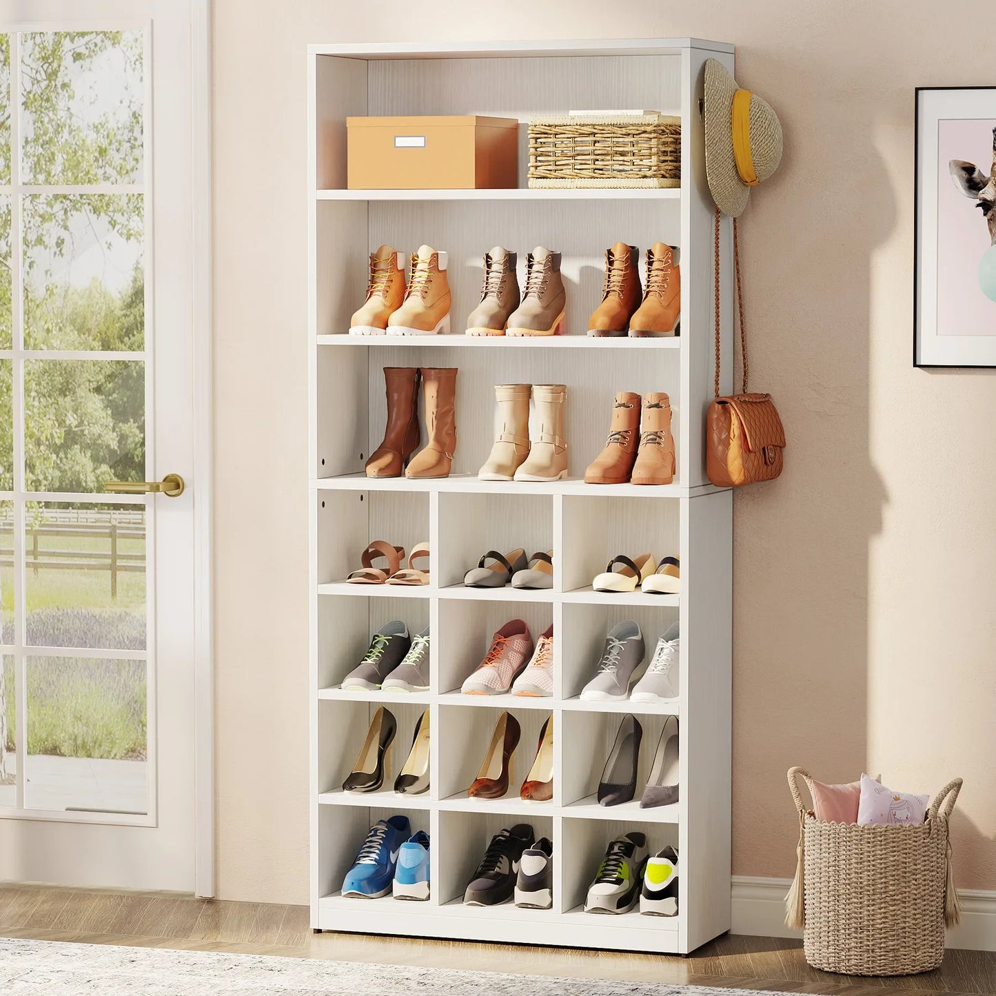 MonoWood Shoe Cabinet, 24 Pair Freestanding Shoe Rack Storage Organizer with Side Hooks, Shoe Storage Cabinet with Shelves