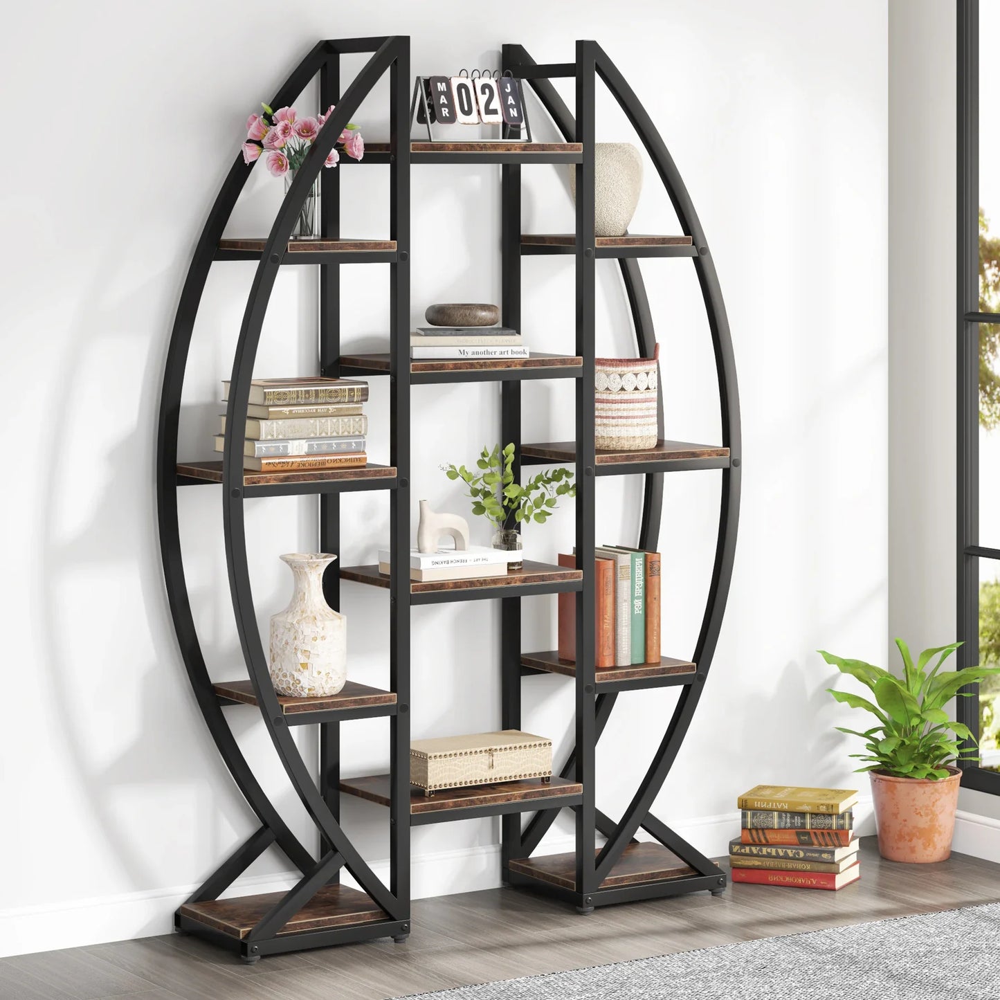 MonoWood Oval Bookshelf, Triple Wide 5 Tier Etagere Bookcase, Industrial Display Shelves for Living Room (Brown, 55")