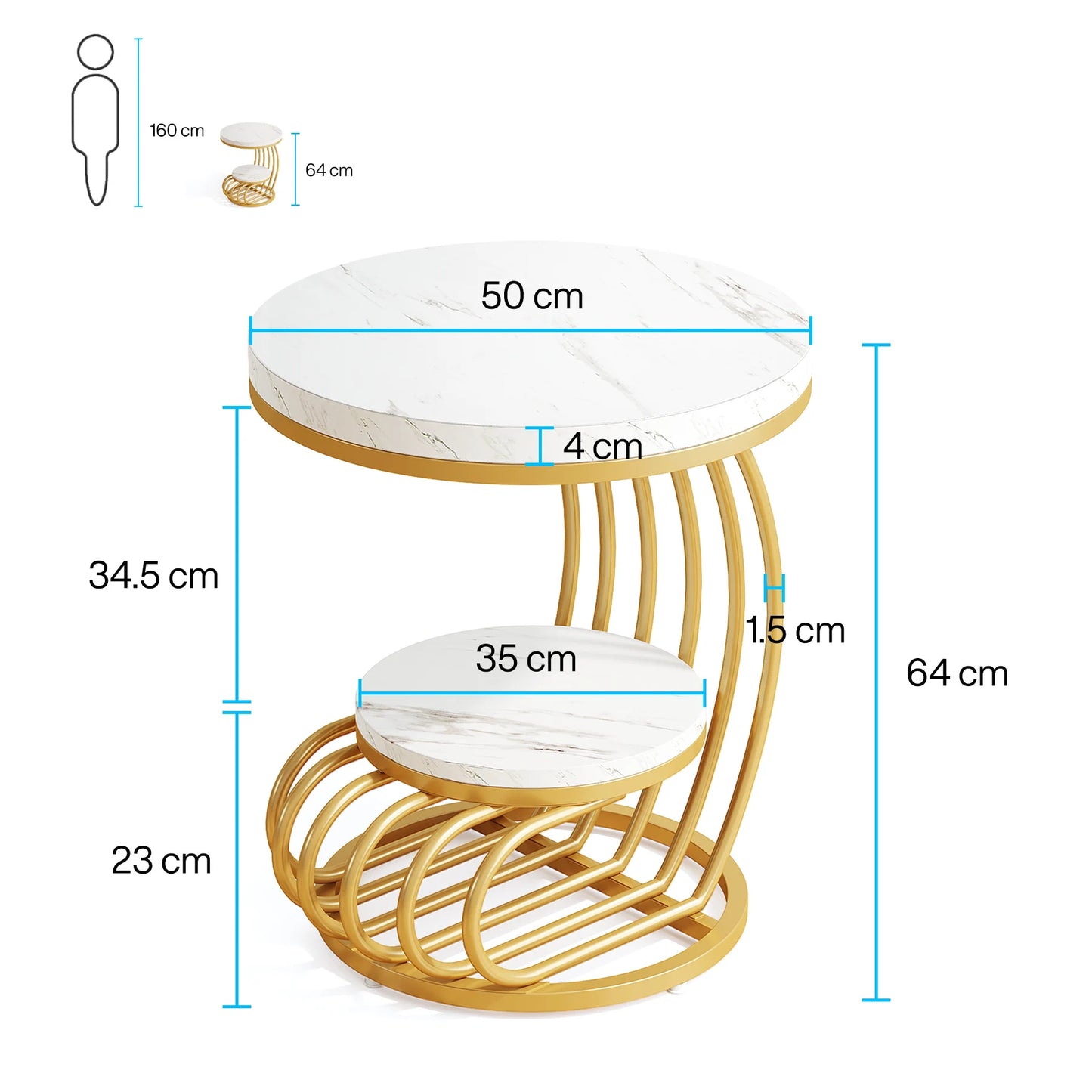 MonoWood Gold Round End Table: 2 Tiers Faux Marble Side Table with Storage Shelf, Modern White Gold Bedside Nightstand