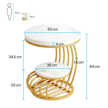 MonoWood Gold Round End Table: 2 Tiers Faux Marble Side Table with Storage Shelf, Modern White Gold Bedside Nightstand