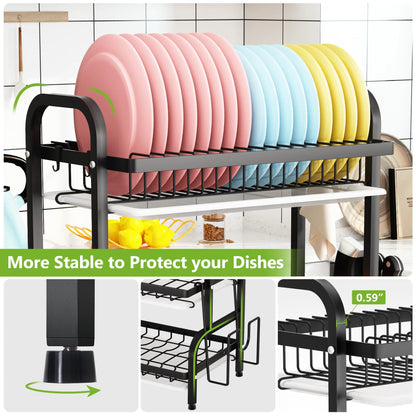 Drying Rack, Metal 3-Tier Large Capacity Dish Rack with Utensil Holder, Cutting Board Holder, Drain Board Tray for Kitchen