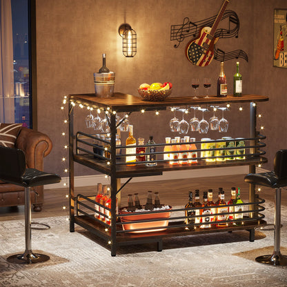 MonoWood L-Shaped Home Bar Unit, 3 Tier Liquor Bar Table with Storage Shelves and Wine Glasses Holder