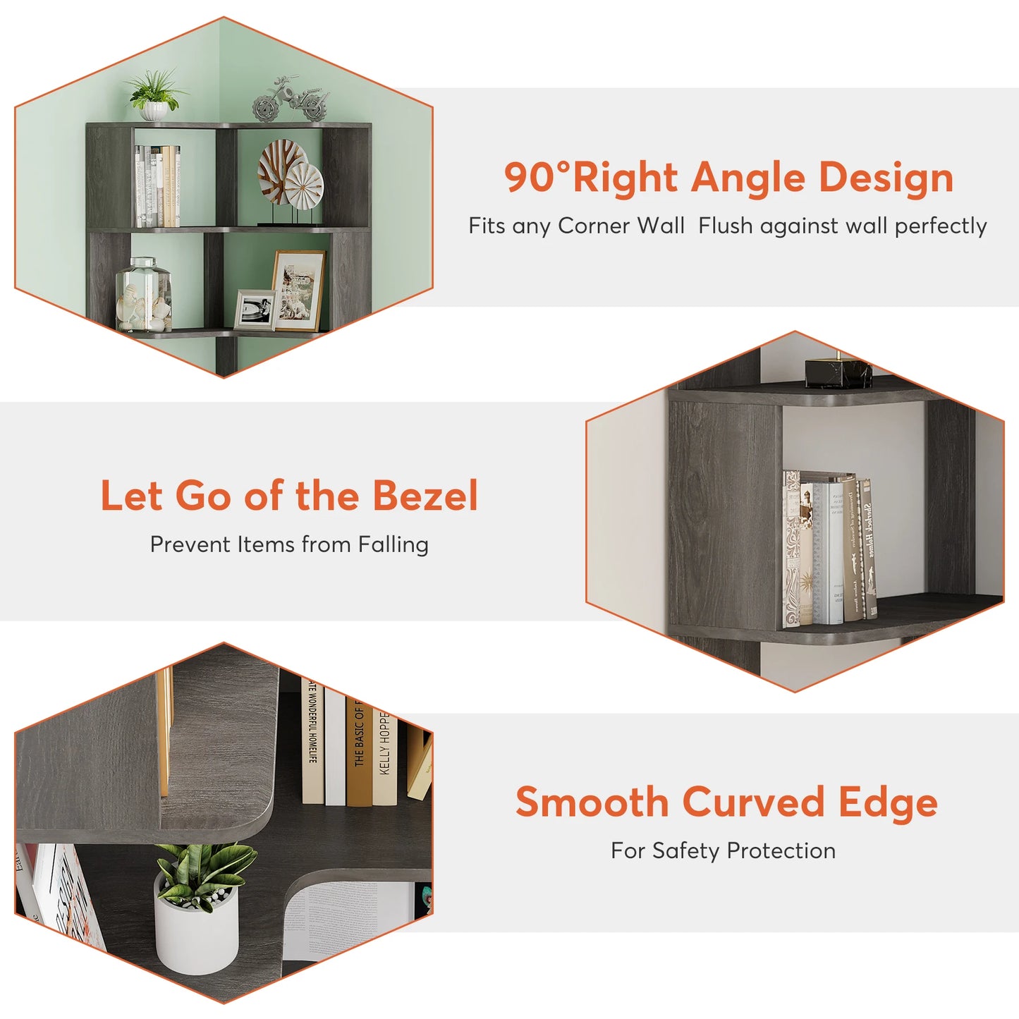 MonoWood 6-Shelf Corner Bookshelf, 6-Tier Tall Bookcase with Baffles, Multifunctional Book Shelves Storage Display Stand