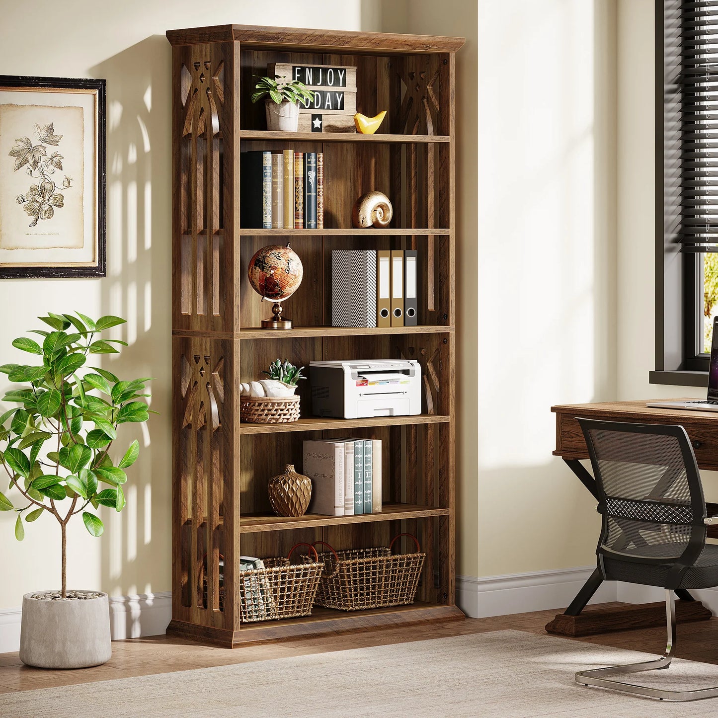 MonoWood 6-Tier Bookshelf, 75-Inch Tall Bookcase, Large Bookshelves and Bookcases Freestanding Display Shelves, Wood Bookshelf