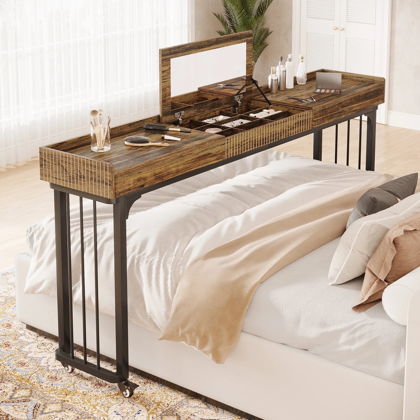 MonoWood 78.8-Inch Large Over Bed Table with Wheels, Mobile Computer Desk Makeup Vanity Desk with Storage