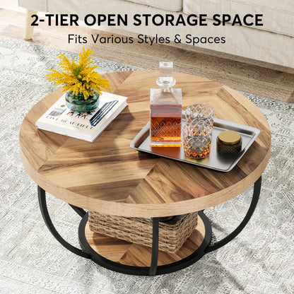 MonoWood 31.7" Round Coffee Table, Industrial 2-Tier Circle Coffee Table with Storage Shelves, Modern Wooden Sofa Side Table