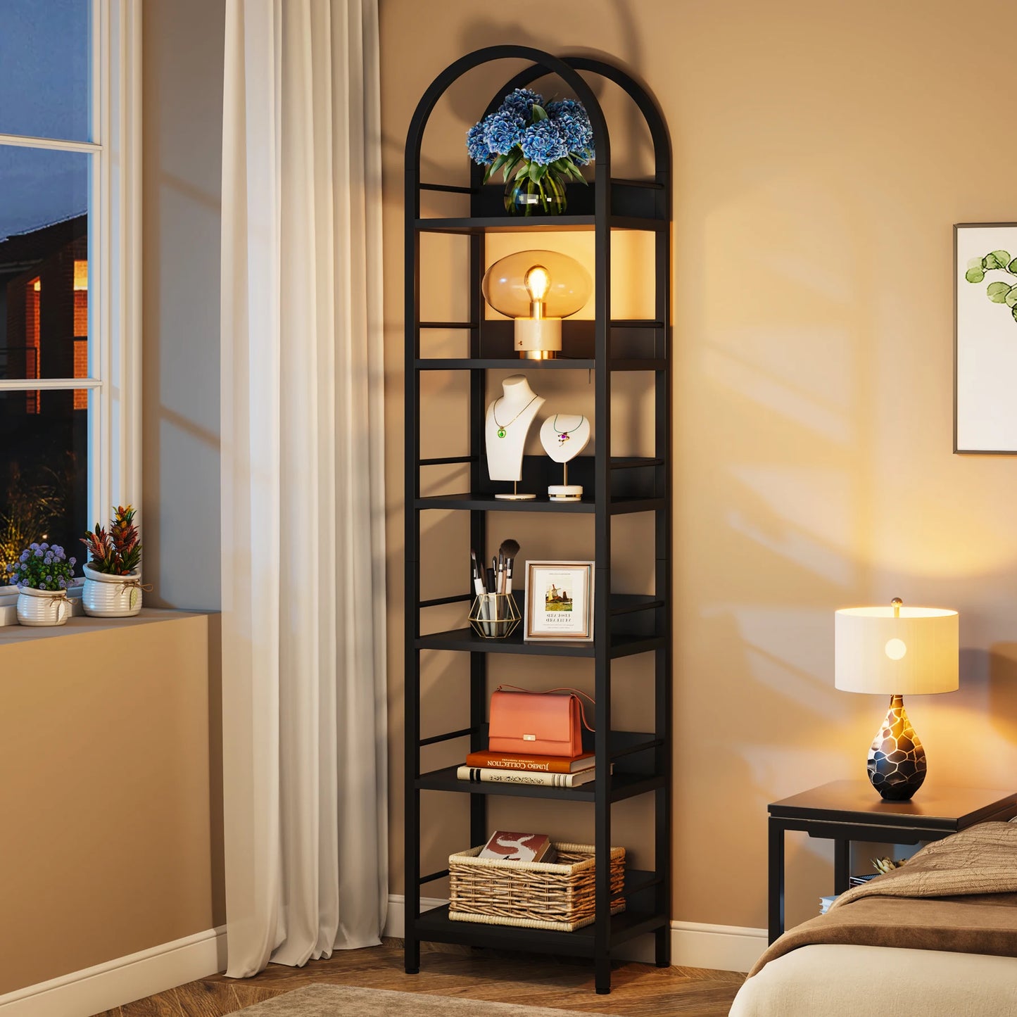 MonoWood 6-Tier Open Bookshelf, 78.7" Tall Arched Bookcase Narrow Bookshelf, Freestanding Corner Bookcase Display Shelves