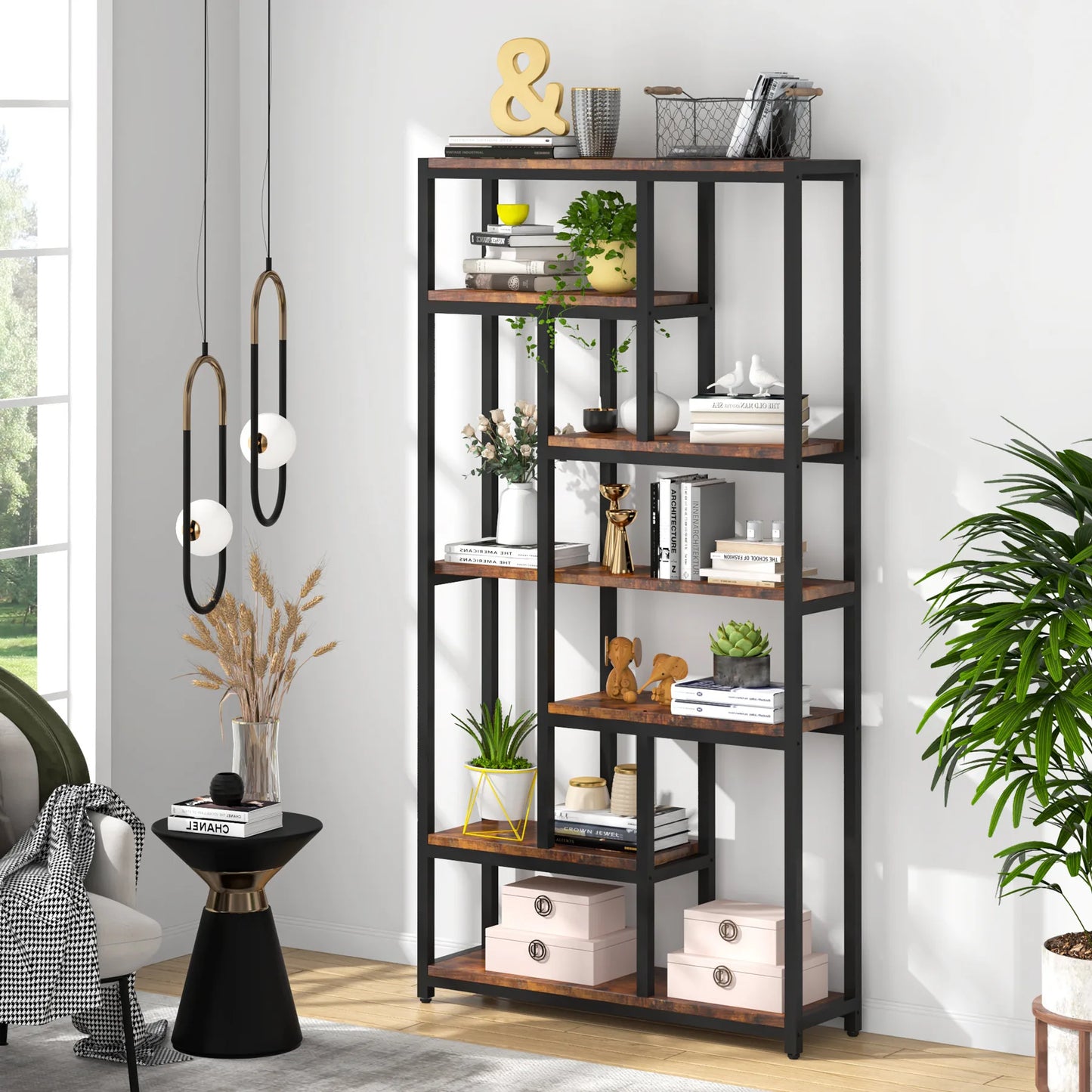 MonoWood Modern 8-Tier Staggered Bookcase -, Wide Wood Etagere Shelving Unit