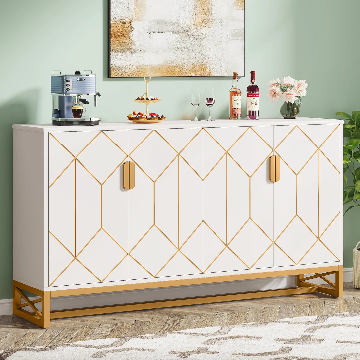 MonoWood 59" White Gold Buffet Cabinet with Storage Kitchen Sideboard Storage Cabinet