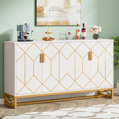 MonoWood 59" White Gold Buffet Cabinet with Storage Kitchen Sideboard Storage Cabinet
