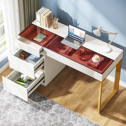 MonoWood Computer Desk with 4 Drawers, 47 Inch Modern Home Office Desk with Glass Top, White and Gold Writing Workstation Desk