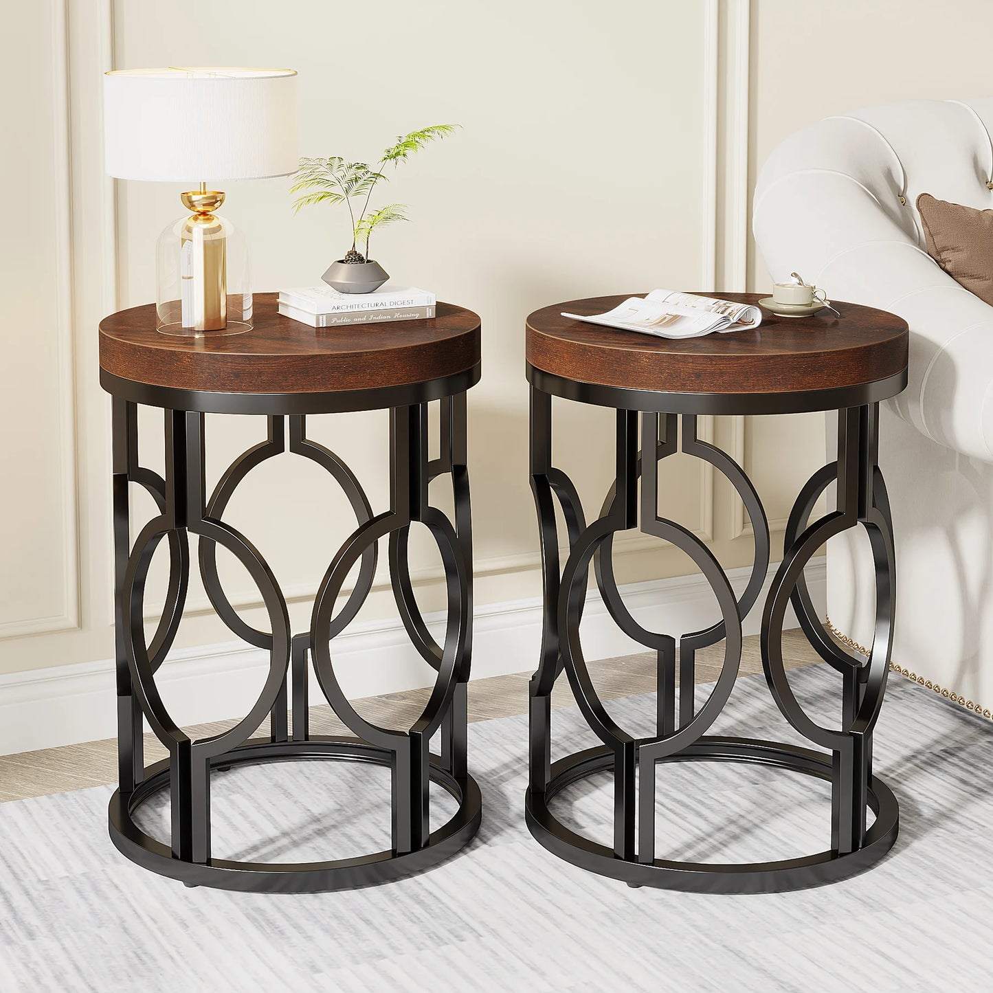 MonoWood Round End Table, Industrial SideTable with Metal Hollow Frame, Small Bedside Table Nightstand for Living Room