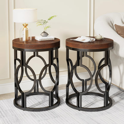 MonoWood Round End Table, Industrial SideTable with Metal Hollow Frame, Small Bedside Table Nightstand for Living Room