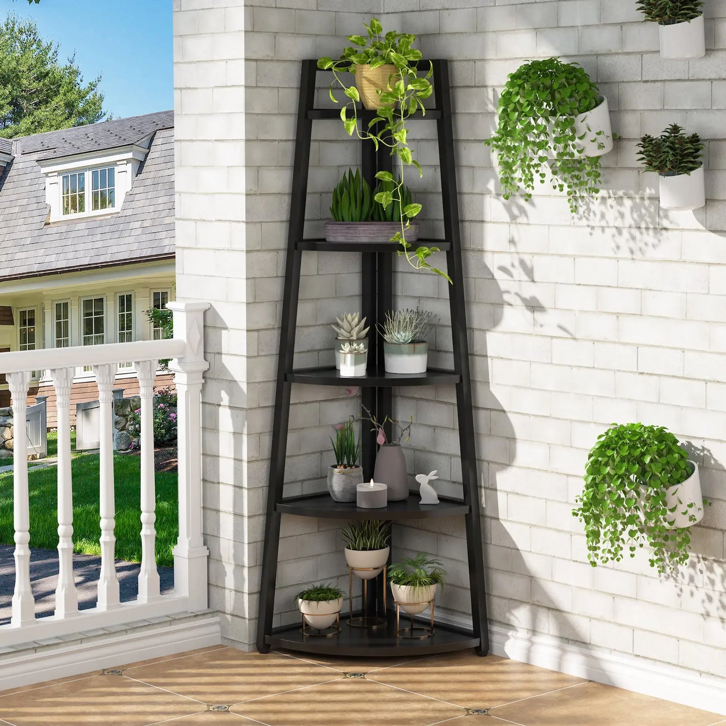 MonoWood 70 inch Tall Corner Shelf, 5 Tier Modern Corner Bookshelf Bookcase Industrial Corner Ladder Shelf Plant Stand