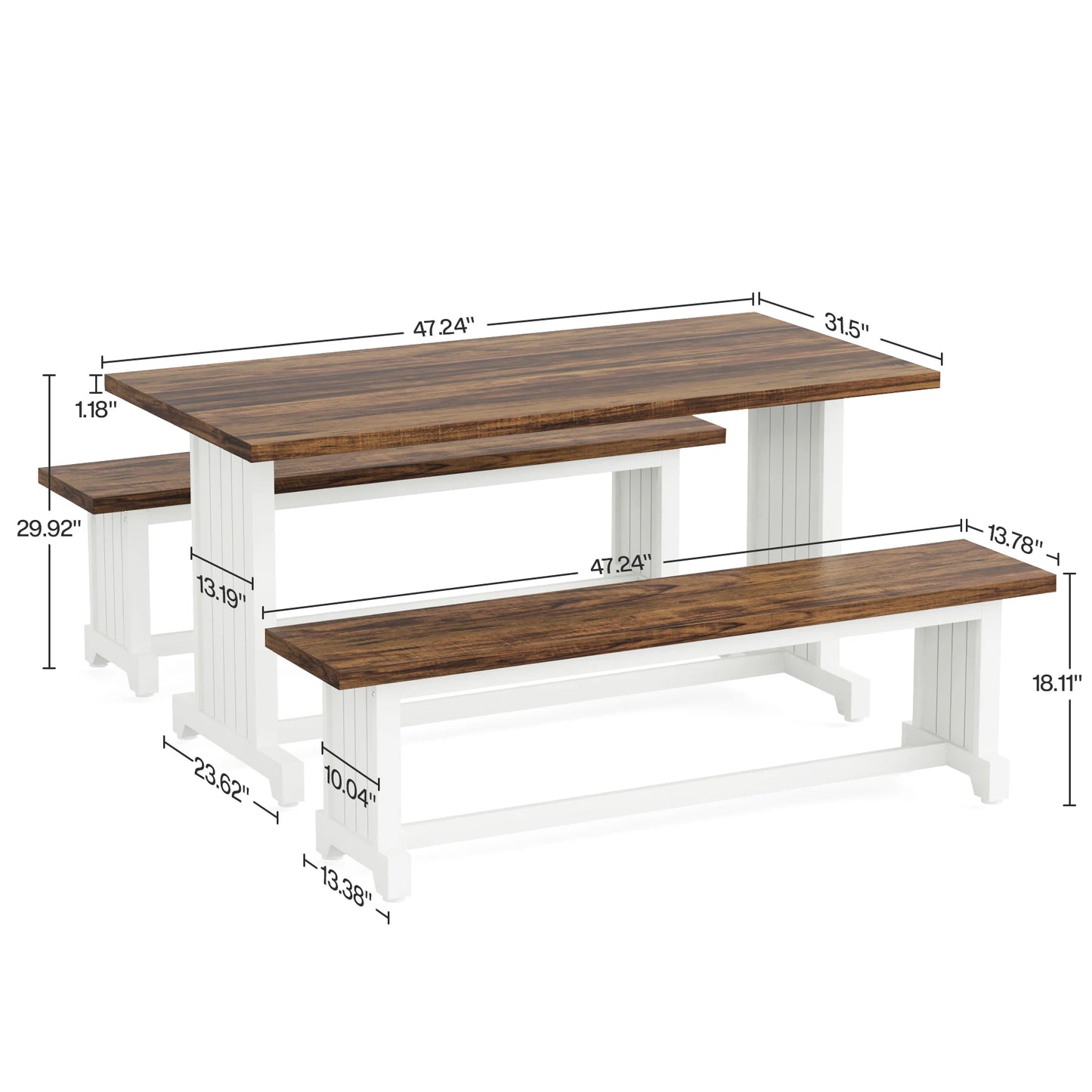 MonoWood 47" Small Dining Table Set for 2, 3-Piece Kitchen Table with 2 Benches, Farmhouse Wood Dinner Furniture