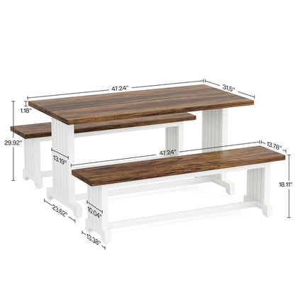 MonoWood 47" Small Dining Table Set for 2, 3-Piece Kitchen Table with 2 Benches, Farmhouse Wood Dinner Furniture