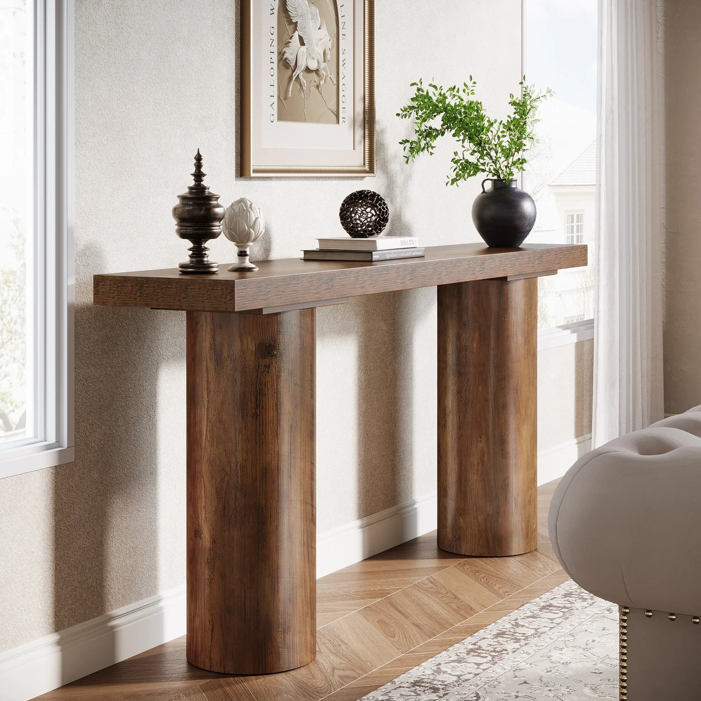 MonoWood 63" Long Bar Table, Rectangle Kitchen Counter Height Table with Pillar Legs, Narrow Bar Height Pub Table Behind Couch