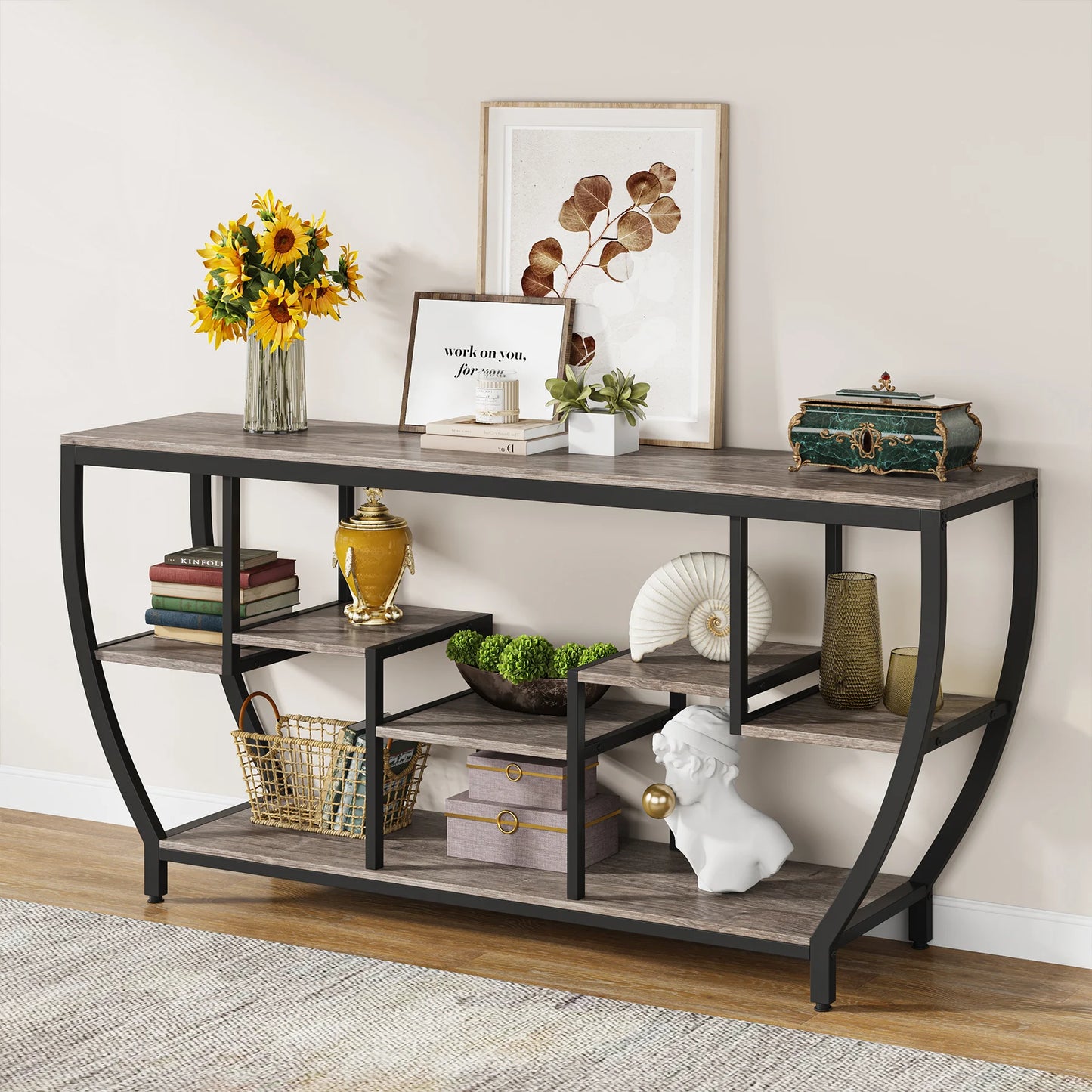 MonoWood 70.9 Inch Long Sofa Table with Shelves, Rustic Console Table with Storage, Industrial Entryway Table TV Stand