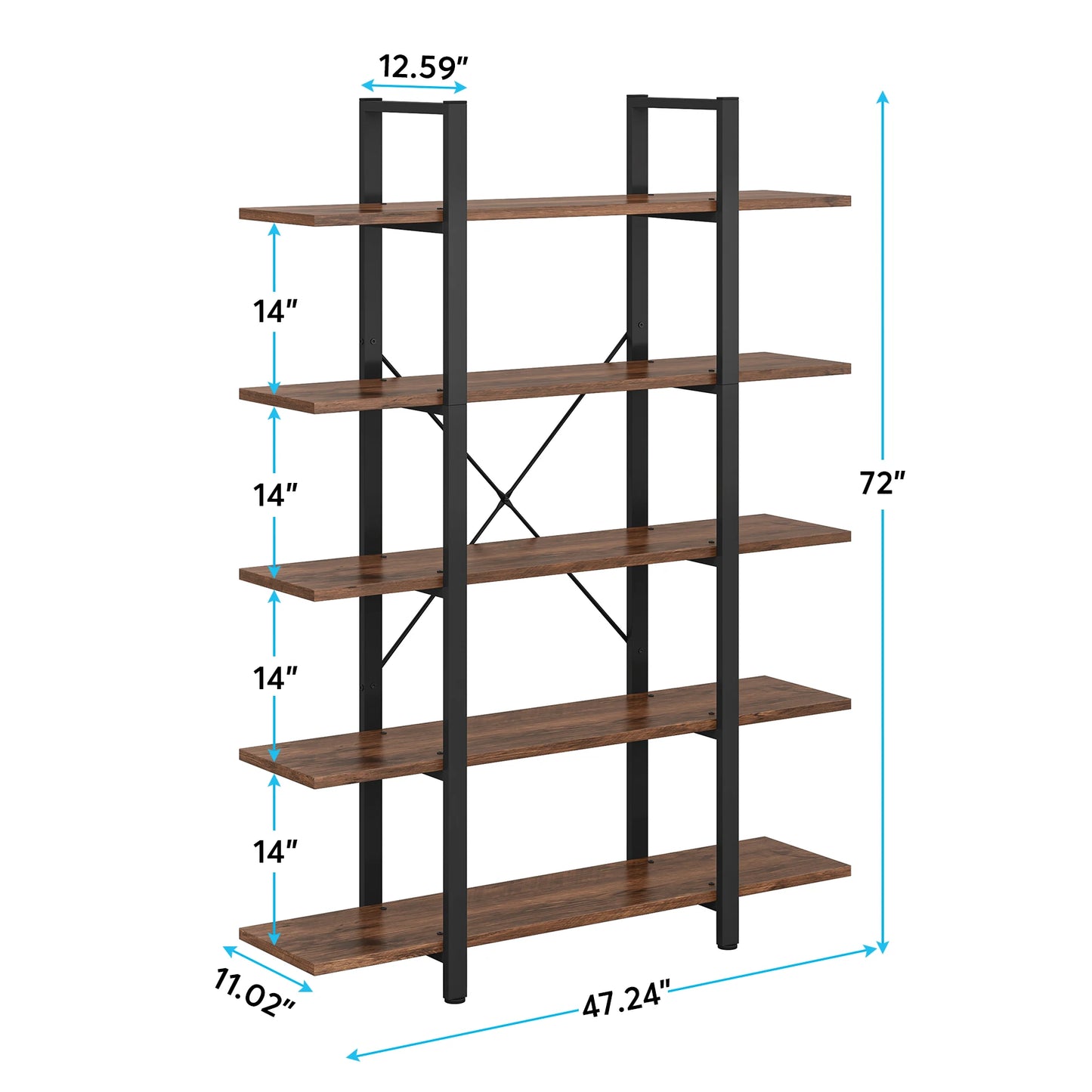 MonoWood 5-Tier Bookshelf, Vintage Industrial Style Bookcase 72 H x 12 W x 47L Inches