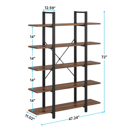 MonoWood 5-Tier Bookshelf, Vintage Industrial Style Bookcase 72 H x 12 W x 47L Inches