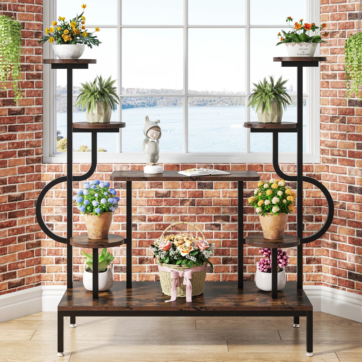 MonoWood 8-Tier Metal Plant Stand, Large Tall Plant Shelf for Multiple Plants, Round & Square Boards, Ladder Flower Rack