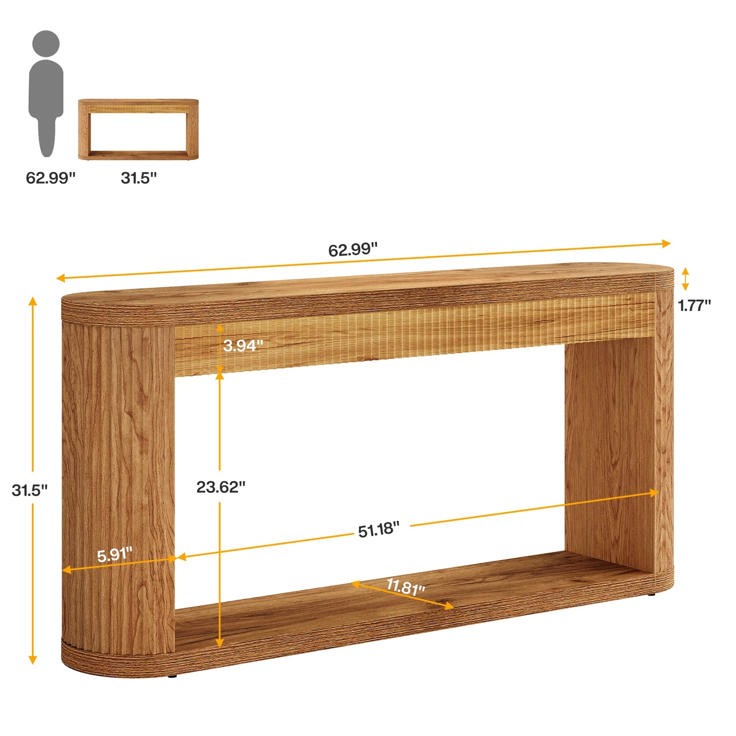 MonoWood 63 Inch Fluted Console Table for Entryway, Narrow Wood Sofa Table Behind Couch for Entrance, Hallway, Foyer