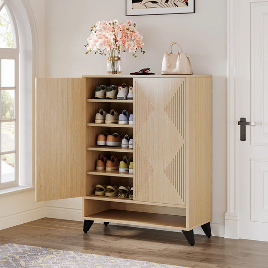 MonoWood Shoe Cabinet with Doors, 6-Tier Entryway Shoe Storage Cabinet with Adjustable Shelves, Modern Wooden Shoe Organizer C