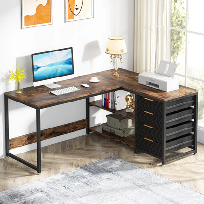 MonoWood L Shaped Computer Desk with Storage Drawers, 59 inch Corner Desk with Shelves, Reversible L-Shaped Office Desk Study