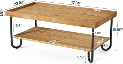 47.24-Inch Solid Wood Coffee Table, 2-Tier Rectangular Center Table with Curved Metal Legs, Industrial Coffee Desk for Living Ro