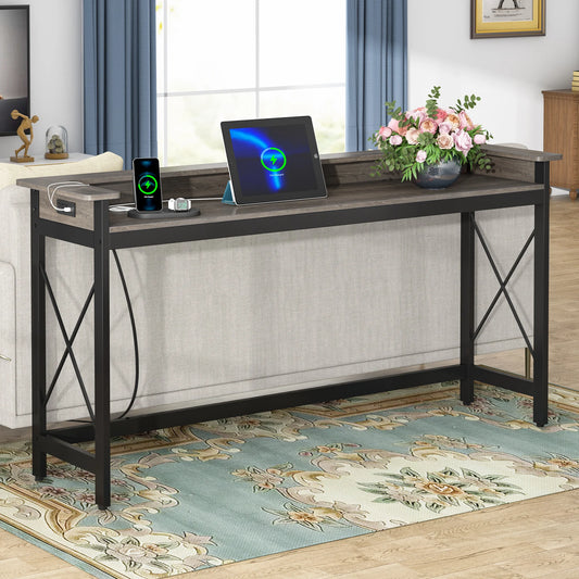 MonoWood Sofa Table with Outlets and USB Ports, 70.9 inch Extra Long Console Table Behind Couch with Charging Station