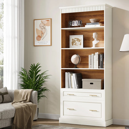 MonoWood Bookcase with LED Light and Doors Bookshelf with Storage Drawers