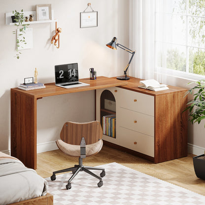 MonoWood L Shaped Computer Desk with Drawers, Modern Corner Home Office Desk with Reversible Storage Cabinet, Long Study Desk