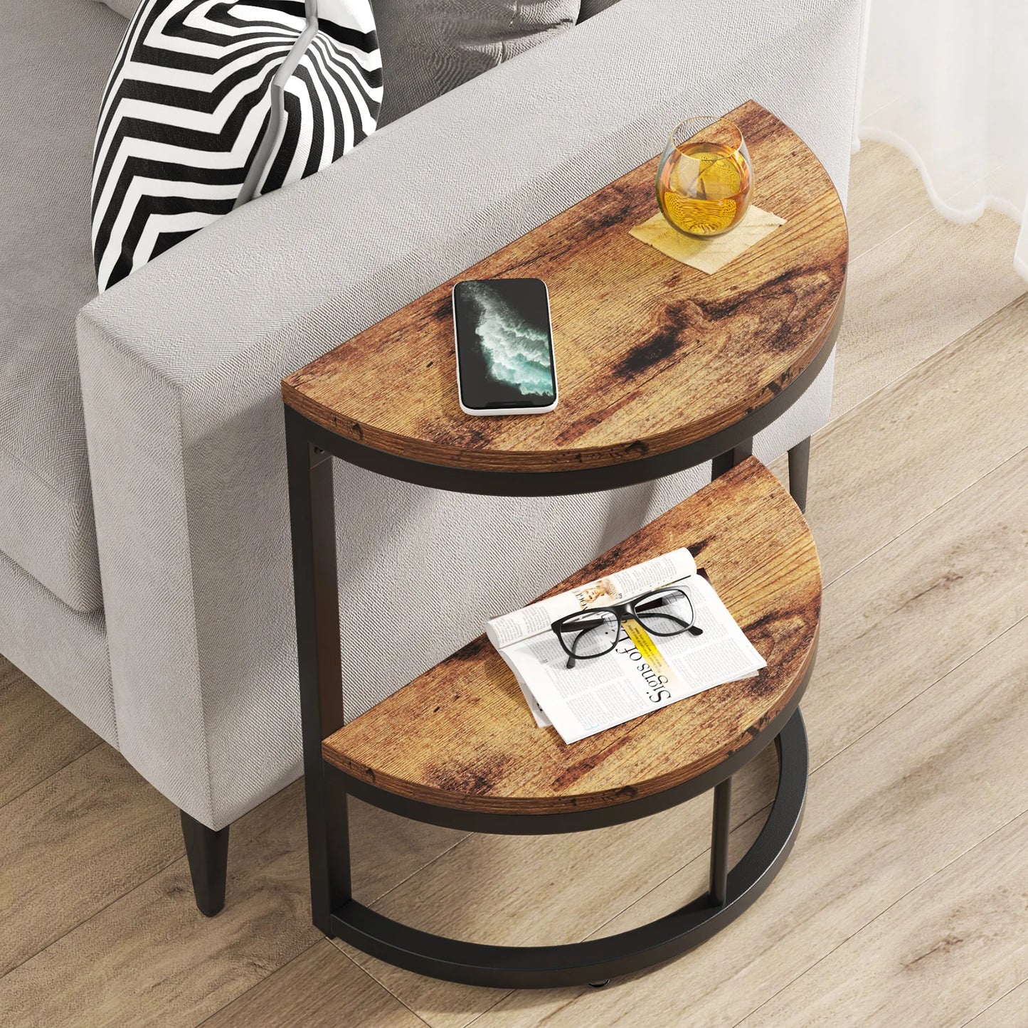 MonoWood End Table Semi Circle, Small Half Round Side Table with Storage Shelf, Accent Table Slim C Table for Sofa Couch