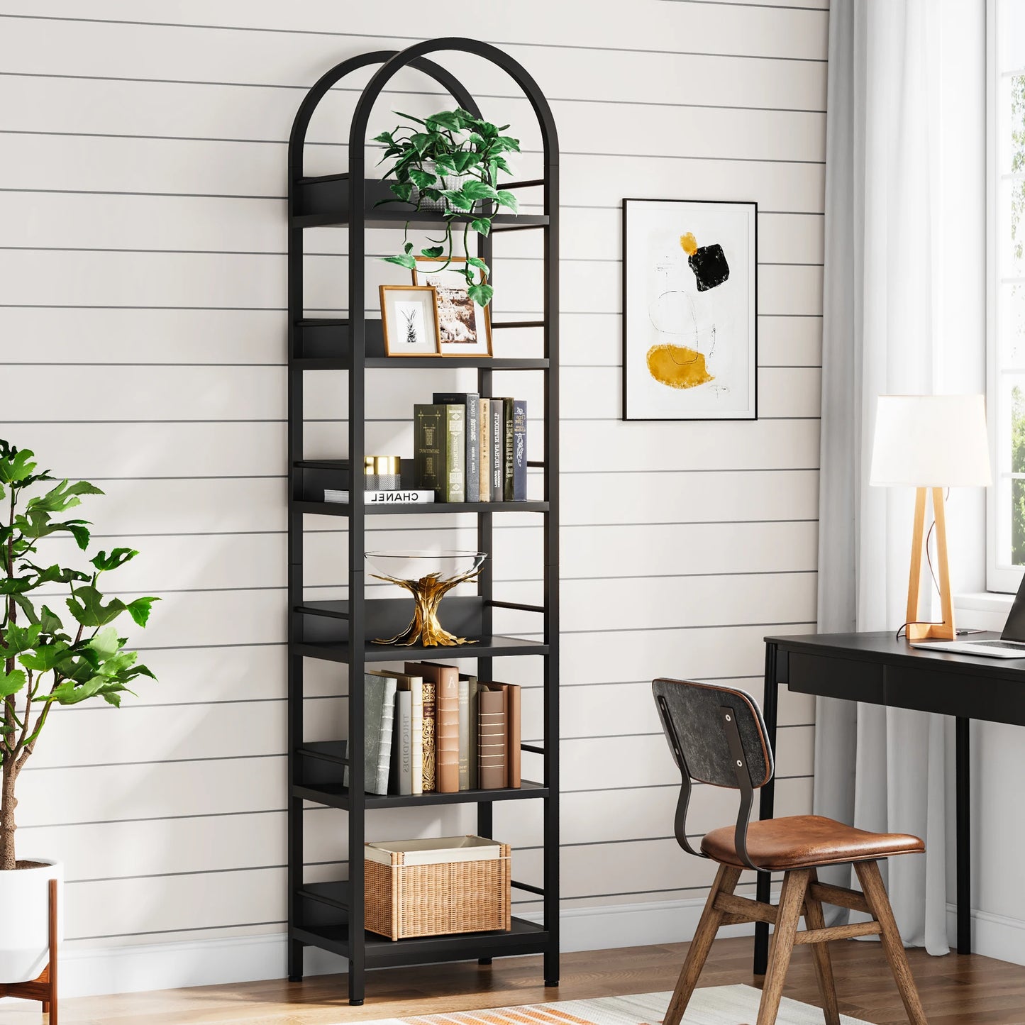 MonoWood 6-Tier Open Bookshelf, 78.7" Tall Arched Bookcase Narrow Bookshelf, Freestanding Corner Bookcase Display Shelves