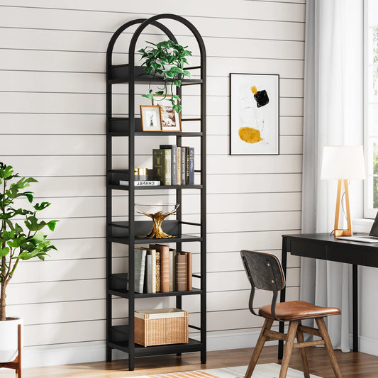 MonoWood 6-Tier Open Bookshelf, 78.7" Tall Arched Bookcase Narrow Bookshelf, Freestanding Corner Bookcase Display Shelves
