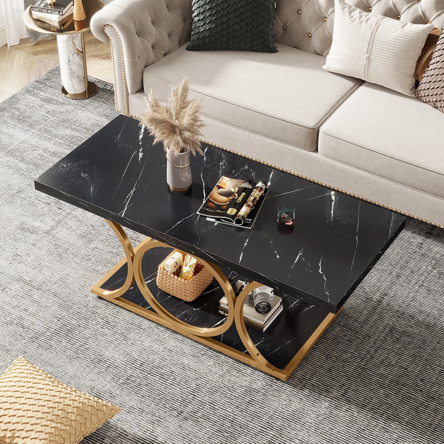MonoWood Rectangle Coffee Table, 47.24-inch Modern Coffee Tables for Living Room, 2-Tier Faux Marble Wood Coffee Table