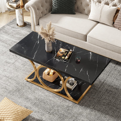 MonoWood Rectangle Coffee Table, 47.24-inch Modern Coffee Tables for Living Room, 2-Tier Faux Marble Wood Coffee Table