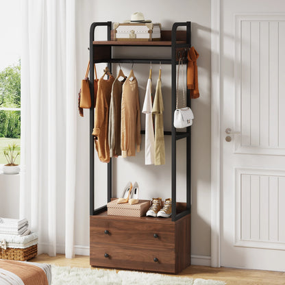 MonoWood Freestanding Closet Organizer Small Clothes Rack Coat Rack with Drawers and Shelves, Heavy Duty Small Garment Rack