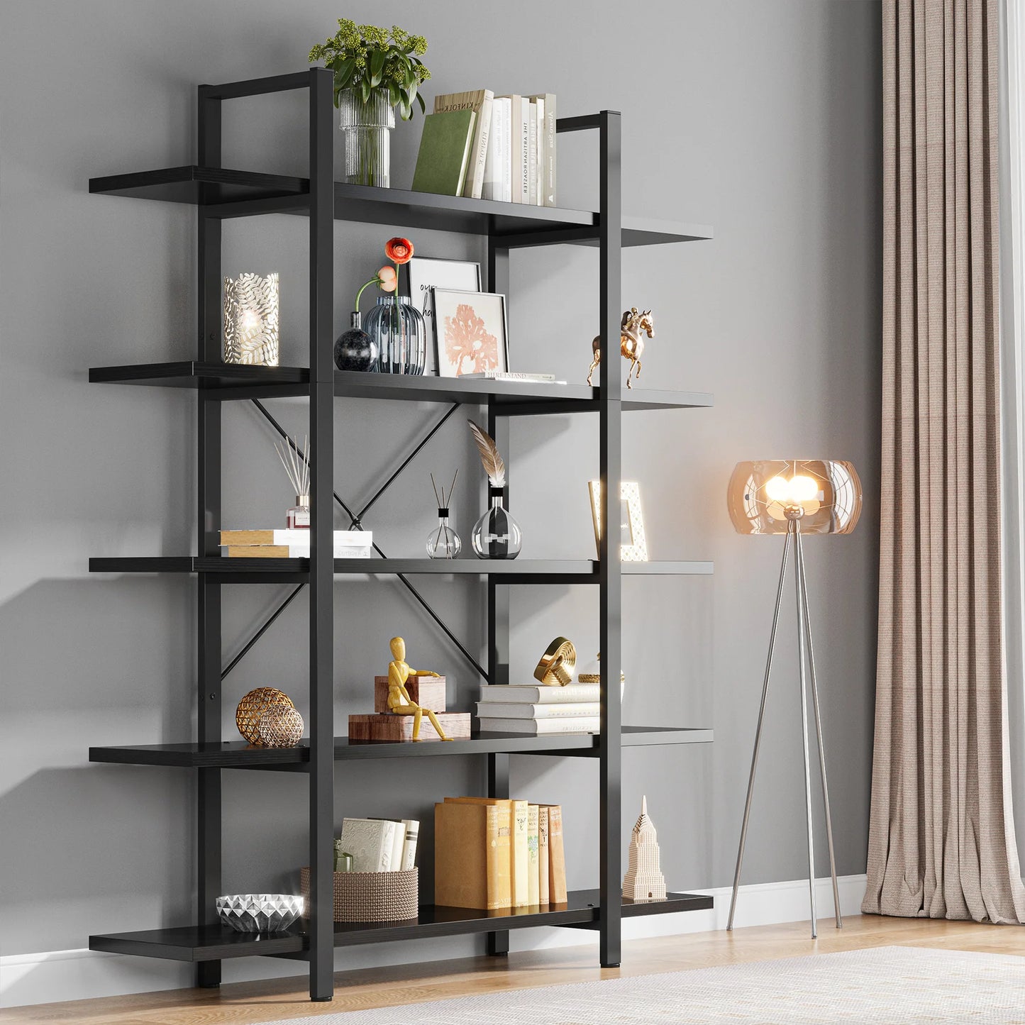 MonoWood 5-Tier Bookshelf, Vintage Industrial Style Bookcase 72 H x 12 W x 47L Inches