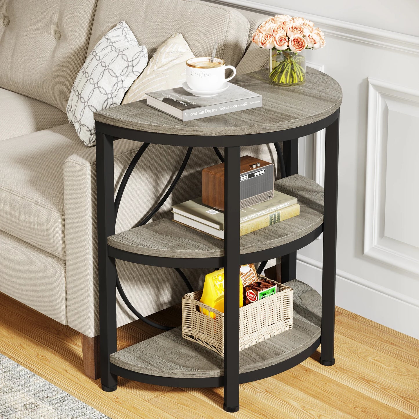 MonoWood Half Round End Table for Living Room, 3-Tier Half Side Table with Metal Frame, Industrial Table with Storage