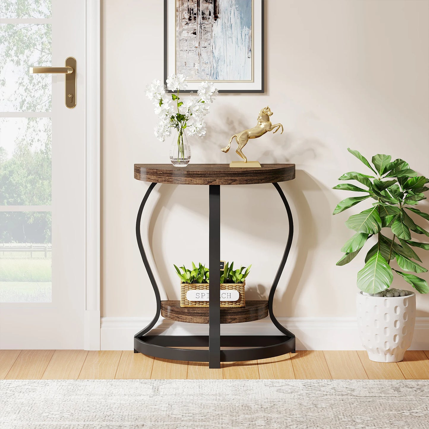 MonoWood Half-Round End Table Set of Two, 2-Tier Wooden Half Moon Side Table Semi Circle Accent Table Bedside Table