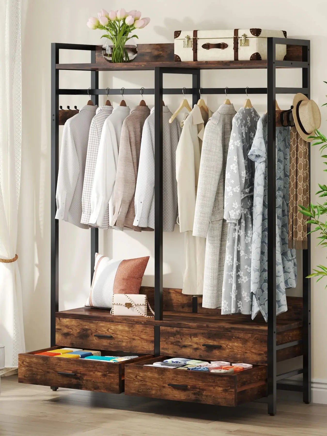 MonoWood Freestanding Closet Organizer for Hanging Clothes, Heavy Duty Garment Rack with 4 Drawers, 8 Hooks and Storage Shelve