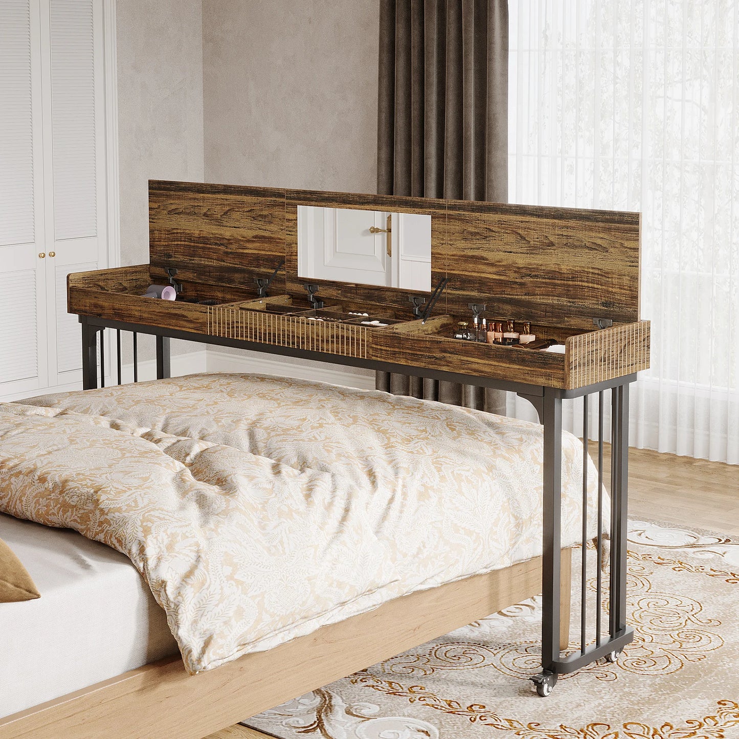 MonoWood 78.8-Inch Large Over Bed Table with Wheels, Mobile Computer Desk Makeup Vanity Desk with Storage