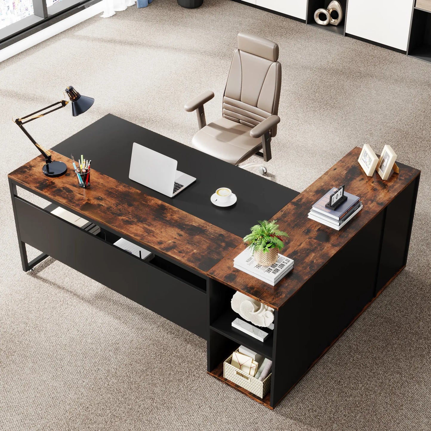 MonoWood 71 inch Executive Desk, L Shaped Desk with Cabinet Storage, Executive Office Desk with Shelves