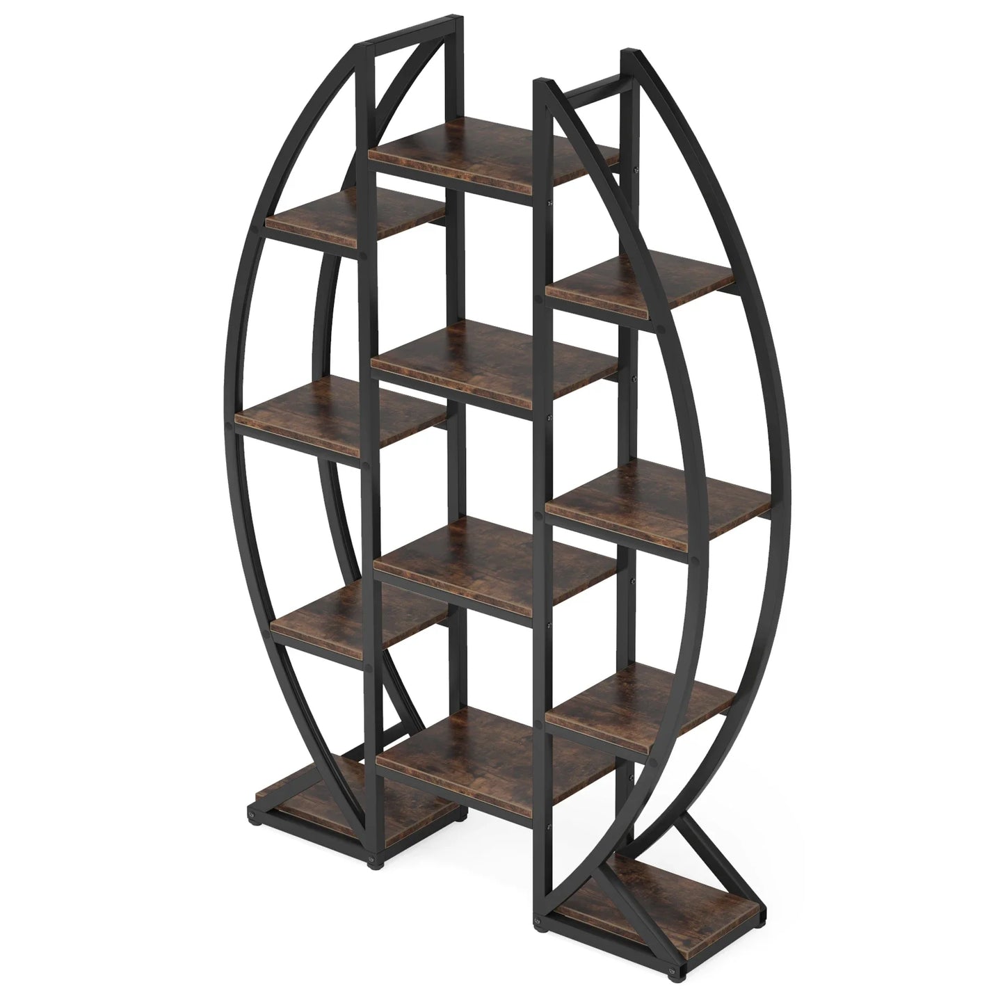 MonoWood Oval Bookshelf, Triple Wide 5 Tier Etagere Bookcase, Industrial Display Shelves for Living Room (Brown, 55")