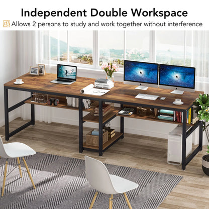 MonoWood Two Person Desk with Bookshelf, 78.7 Computer Office Double Desk for Two Person, Rustic Writing Desk Workstation