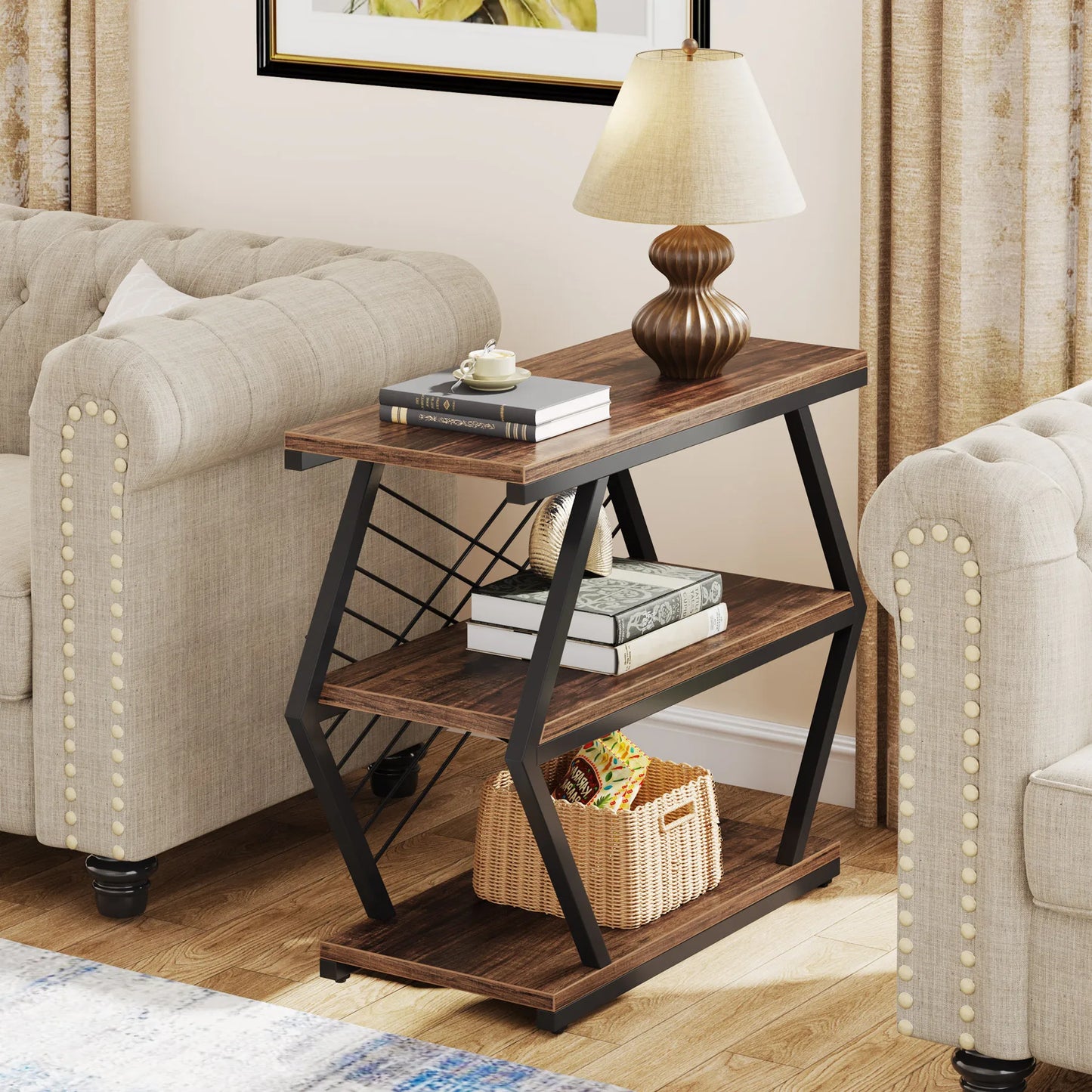 MonoWood End Table, Industrial Side Table with 3 Storage Shelves, Wood Sofa Side Table with Geometric Metal Frame