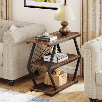 MonoWood End Table, Industrial Side Table with 3 Storage Shelves, Wood Sofa Side Table with Geometric Metal Frame
